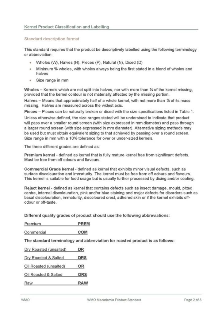 WMO Macadamia Product Standard